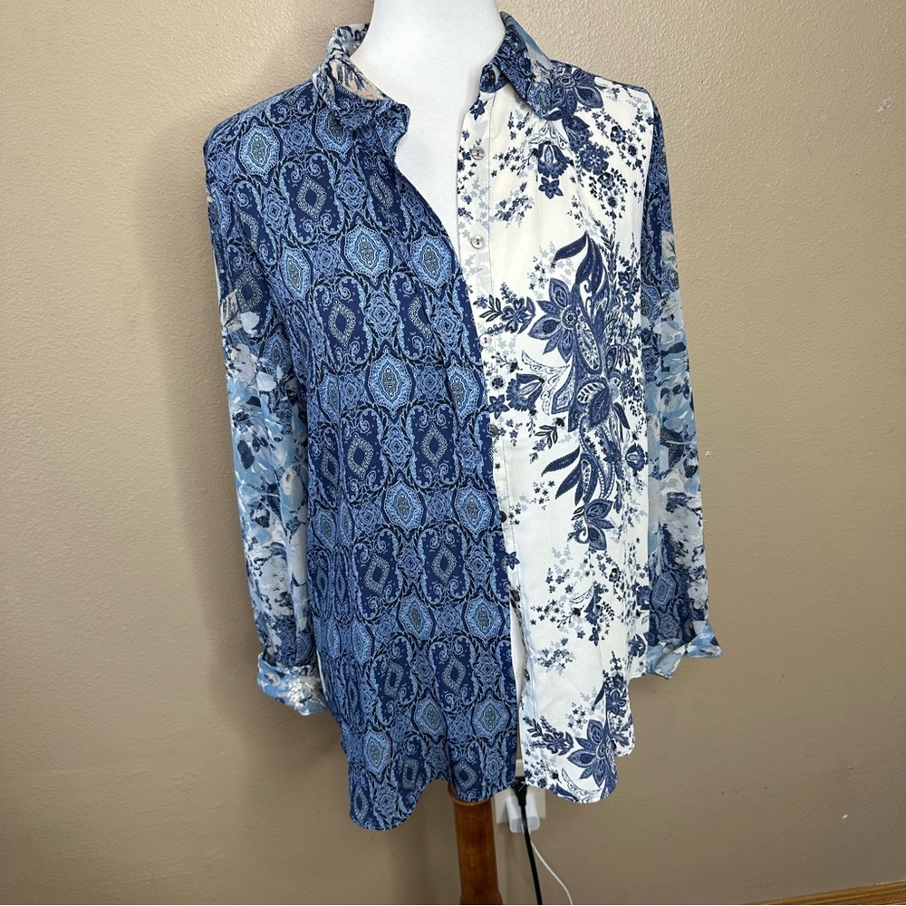 Rose & Olive Blue and White Mixed-Print Button-Down Shirt